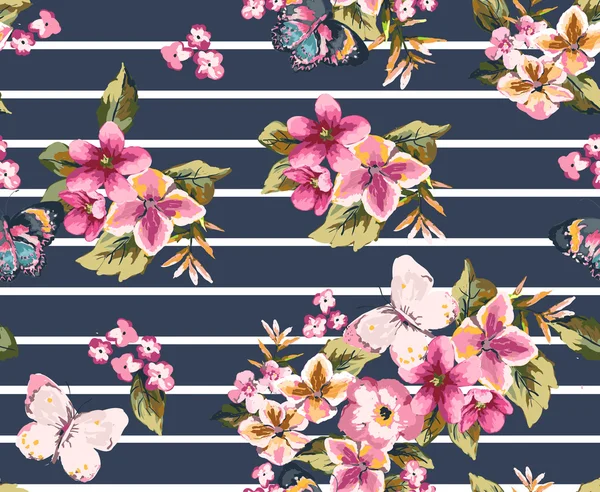 A varrat nélküli virágmintás a csík background1 pillangó — Stock Vector