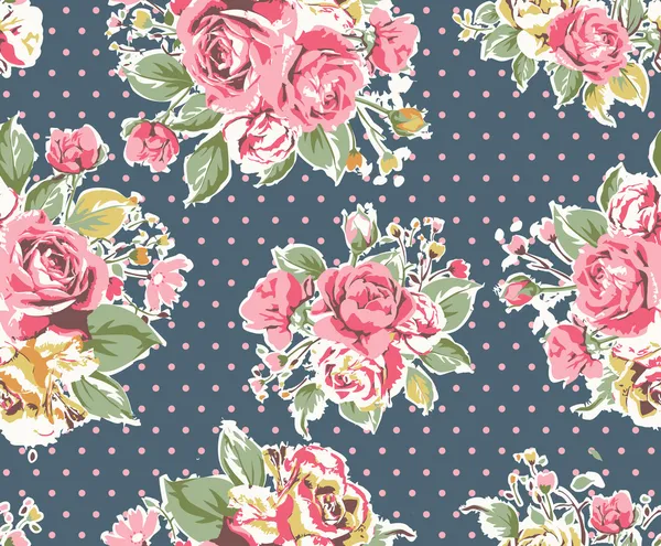 Seamless pink vintage rose pattern on dot background — Stock Vector