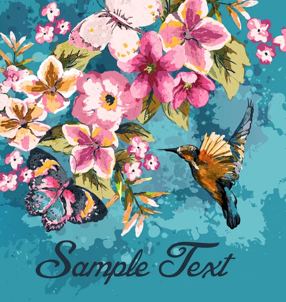 Grußkarte mit Vogel und Blumen auf blauem Grunge-Hintergrund — Stockvektor