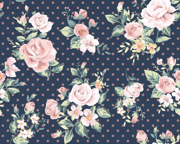 Seamless pink vintage flower pattern on navy dot background — Stock Vector