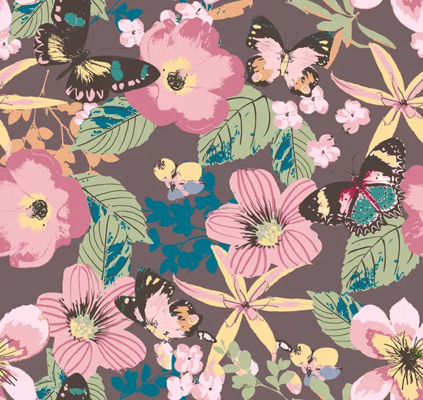 Hibiscus botanique floral tropical sans couture avec papillon sur fond brun Illustration De Stock