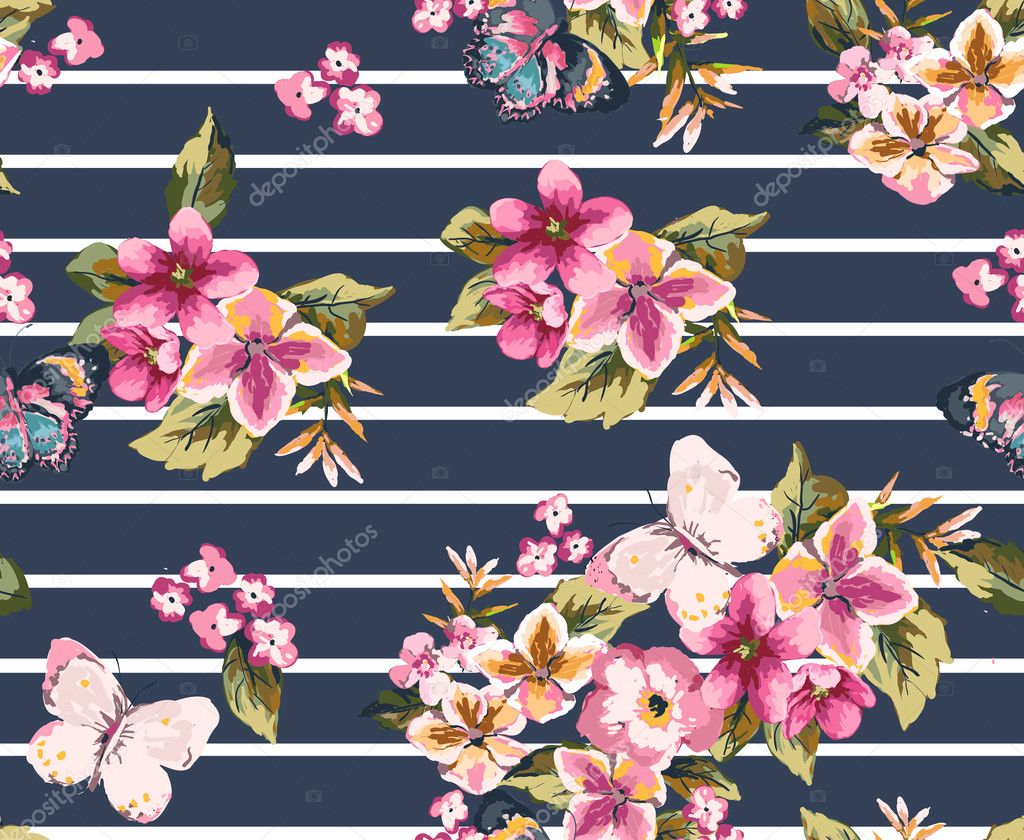 Butterfly with floral seamless pattern on stripe background1