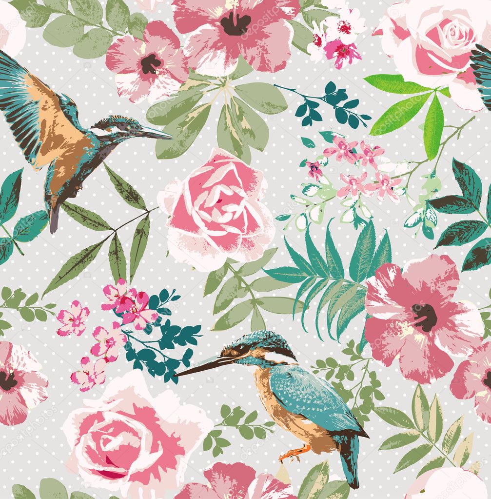 Seamless tropical floral with birds on dot background pattern