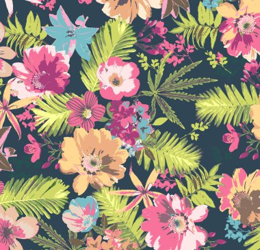 Tropical flower pattern on blue background clipart