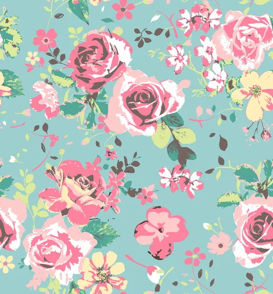 Seamless pink vintage rose pattern on green blue background — Stock Vector