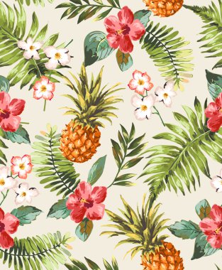 Vintage seamless tropical flowers with pineapple vector pattern background