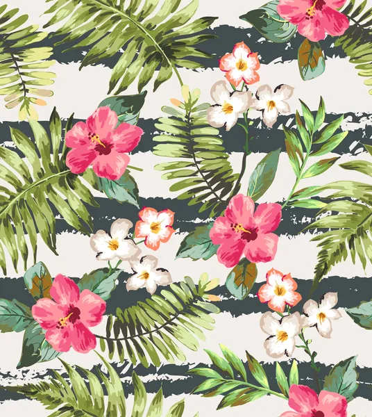 ブラシ ストライプとシームレスな熱帯の花ベクトルの背景パターン — ストックベクタ