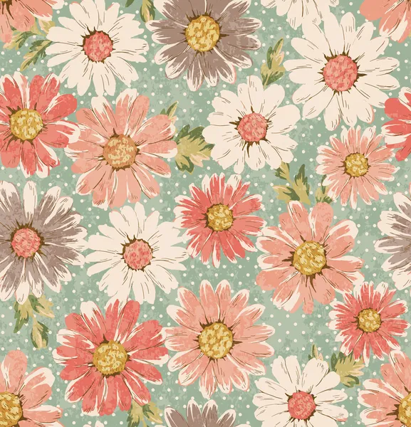 Naadloze vintage bloem, daisy patroon stippen achtergrond afdrukken — Stockvector