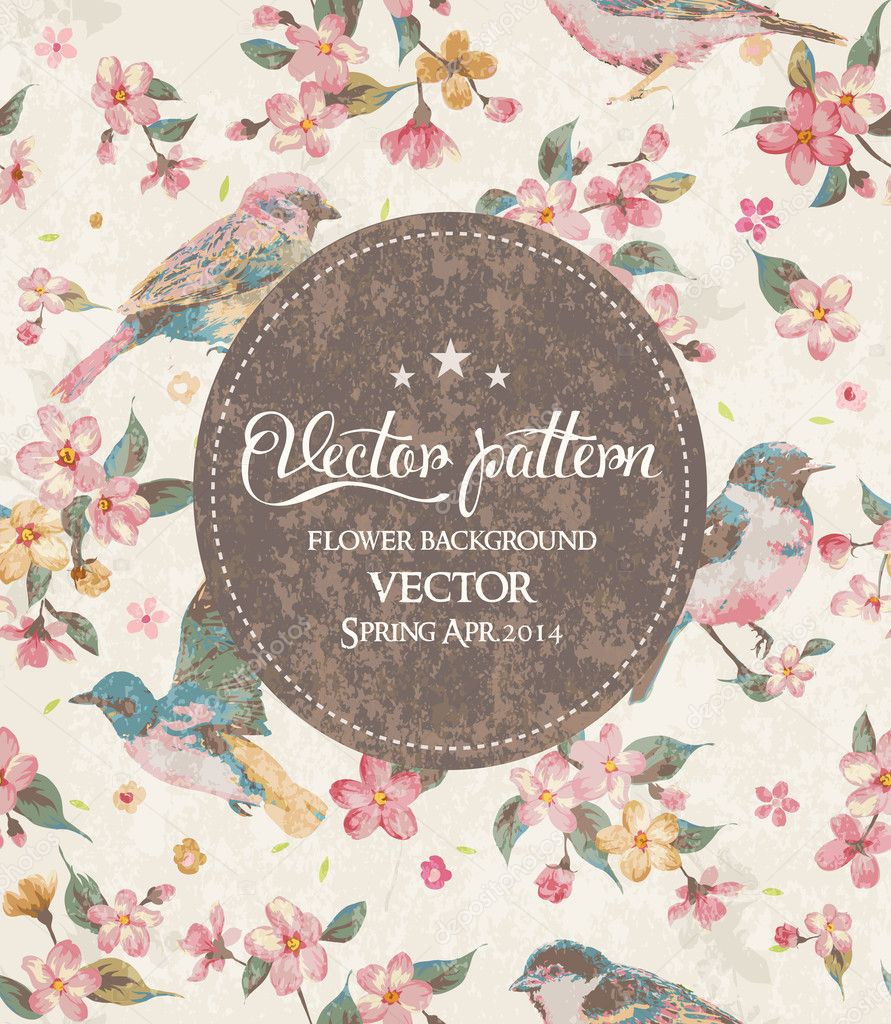 Greeting card vintage flower with birds vector pattern