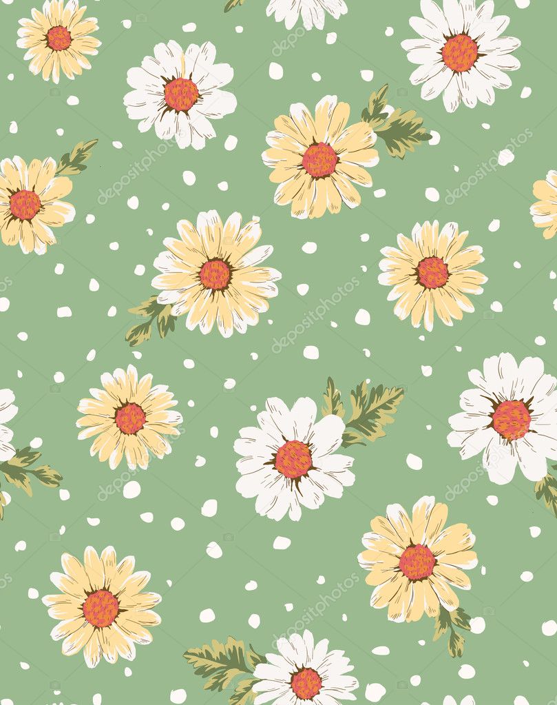 Seamless flower,daisy print pattern green background