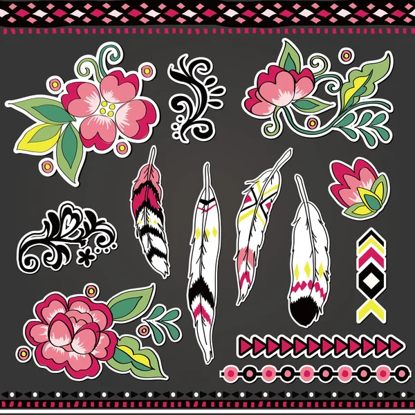 Diseño popular conjunto de flores populares, plumas, etn ic patrón de fondo — Archivo Imágenes Vectoriales