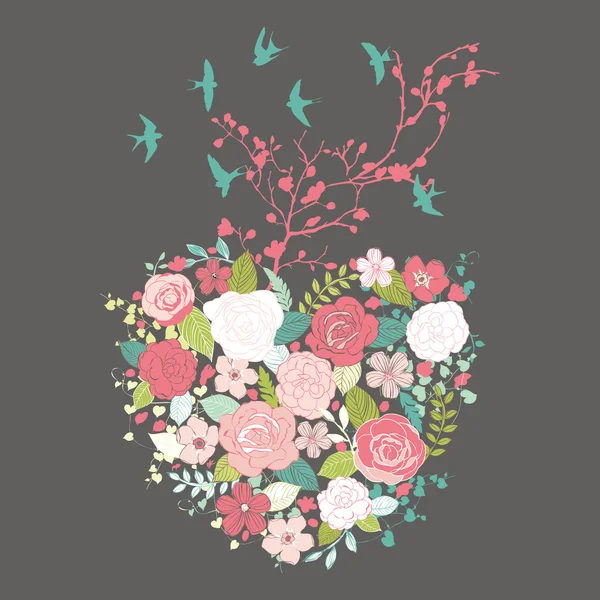 Cute retro flowers arranged a shape of the heart with bird and branch background Royalty Free Stock Illustrations