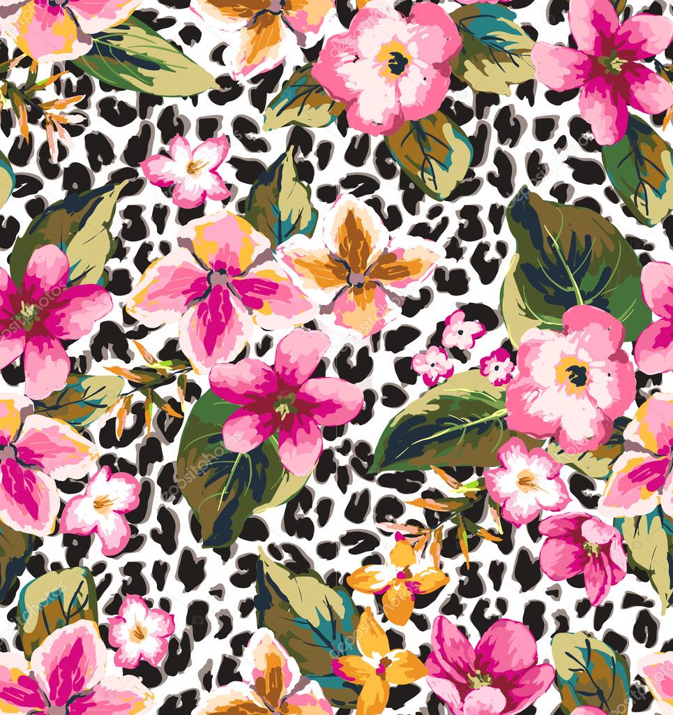 Seamless tropical flower with leopard background vector pattern