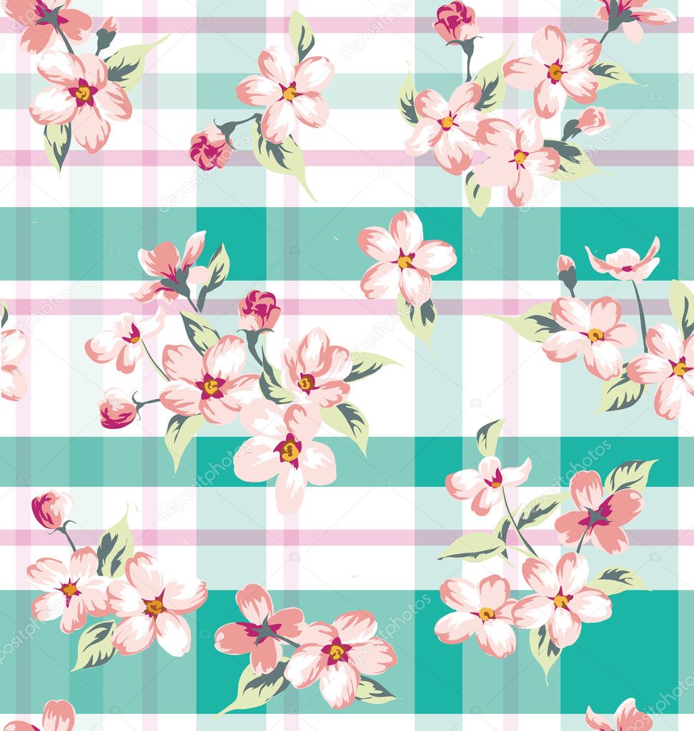 Seamless vintage flower pattern on check background