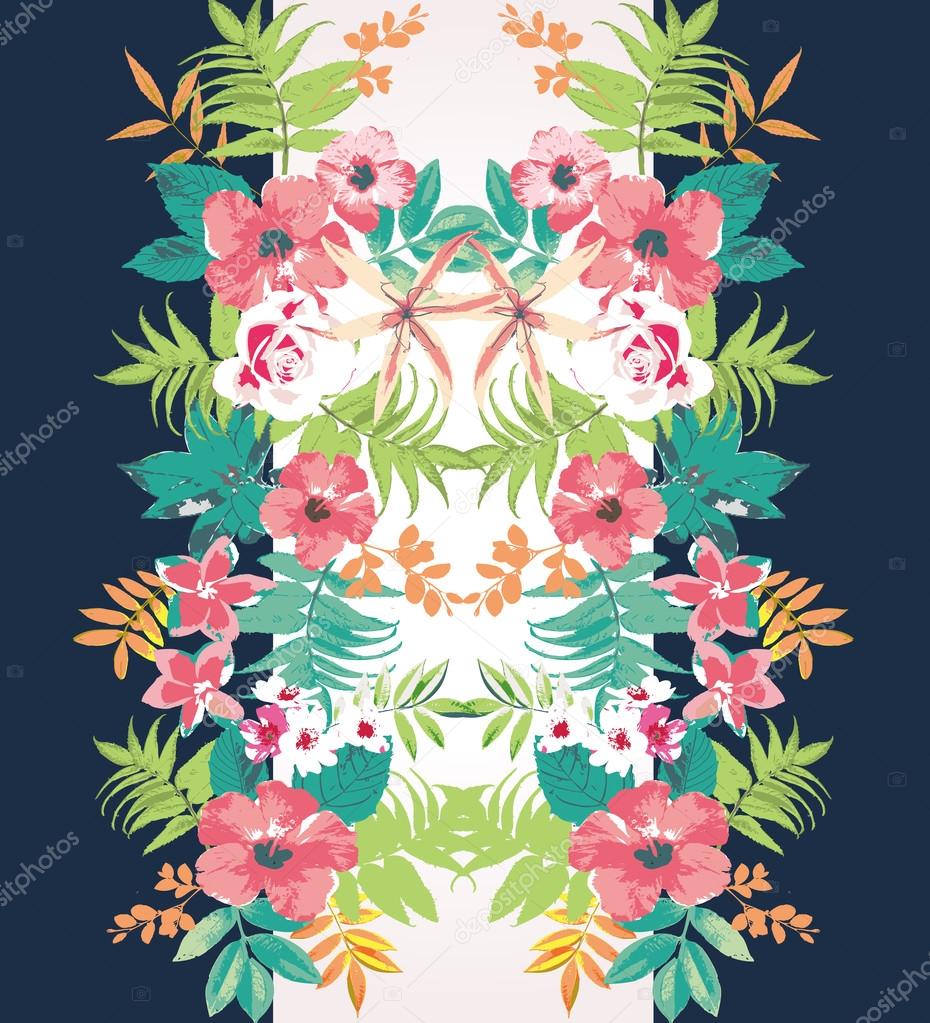 Tropical flower summer holiday vector pattern background,mirror effect