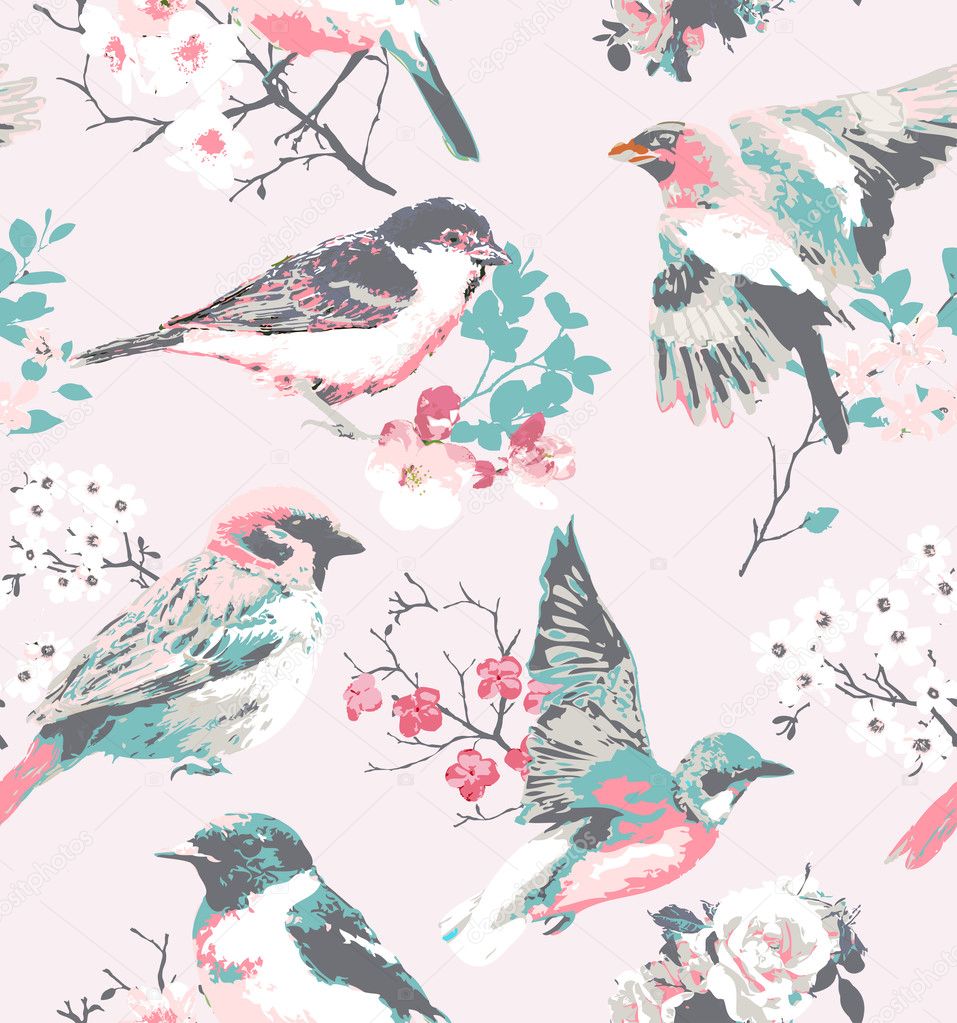 Spring flower with bird seamless pattern pink background
