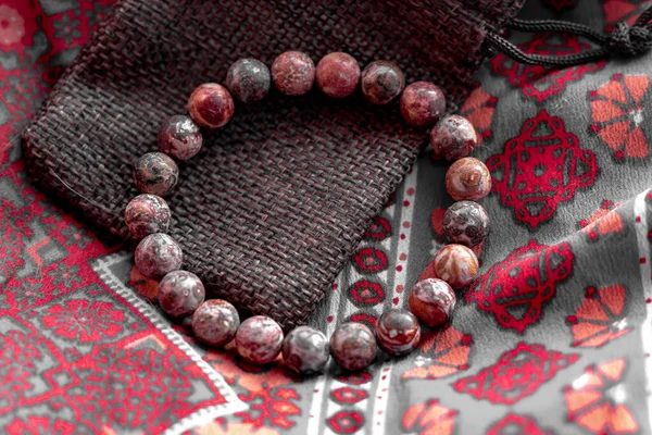Bracelet Beads Made Natural Leopard Jasper Lie Ethnic Surface — Stock Photo, Image