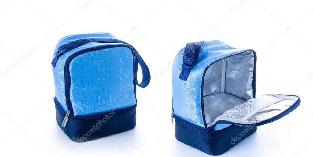 Picnic bag collection. Blue camping freezer set, cooler box for cold lunch food isolated on white background. Thermos bag for vacations and refreshing