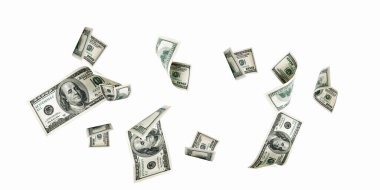 Yüz dolarlık banknot. Düşen para beyaz arka planda izole edilmiş. Amerikan parası