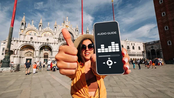 Audio Tour Online App Digital Mobile Smartphone Happy Young Student Stock Image