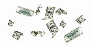 Para yığını. Amerika 'nın yüz doları. Düşen para izole edilmiş, faturalar beyaz arka plan