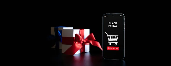 Prezent Online Internet Zakupy Aplikacji Telefon Komórkowy Białe Pudełko Czerwoną — Zdjęcie stockowe