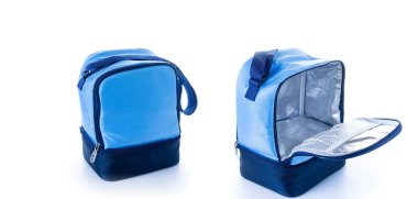 Paket seti. Mavi kamp dondurucusu koleksiyonu, beyaz arka planda izole edilmiş soğuk öğle yemeği için soğutucu kutusu. Ofis, okul, üniversite veya seyahat için teslimat çantası