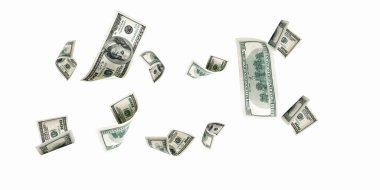 Para yığını. Amerika 'nın yüz doları. Düşen para izole edilmiş, faturalar beyaz arka plan