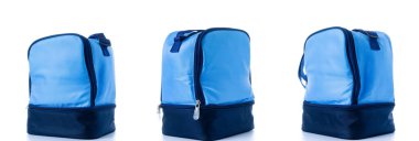 Paket seti. Mavi kamp dondurucusu koleksiyonu, beyaz arka planda izole edilmiş soğuk öğle yemeği için soğutucu kutusu. Ofis, okul, üniversite veya seyahat için teslimat çantası