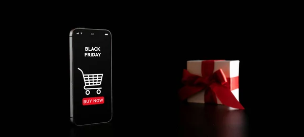 Prezenty Zakupy Online Baner Black Friday Aplikacją Internetową Zakupy Telefon — Zdjęcie stockowe