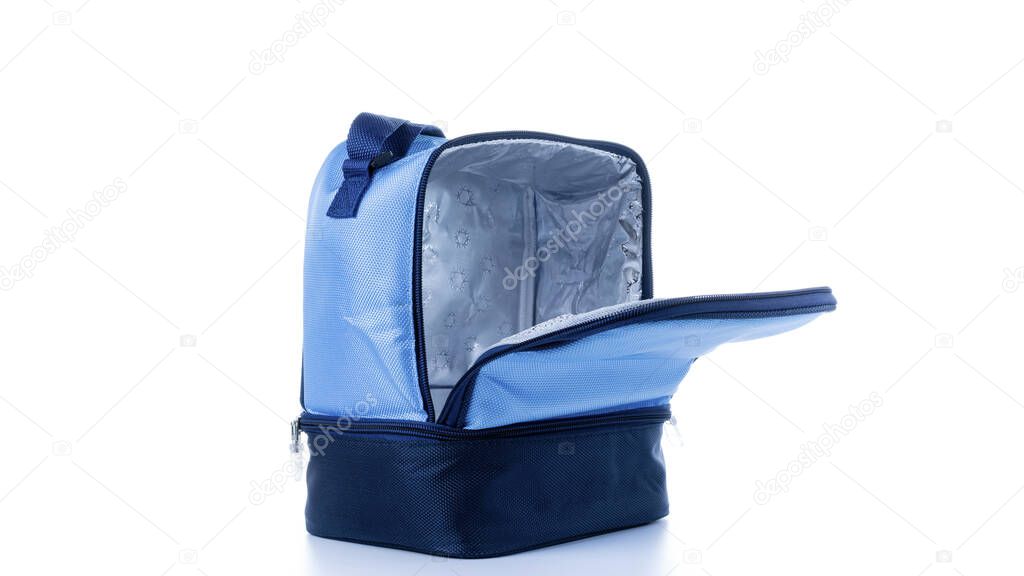 Blue bag. Camping freezer, cooler box for cold lunch food isolated on white background. Blue bag for travel, picnic