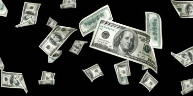 Para yığını. Amerika 'nın yüz doları. Düşen para izole edilmiş, faturalar siyah arka plan