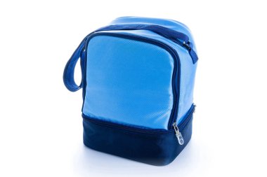 Teslimat çantası. Mavi kamp dondurucusu, soğuk öğle yemeği için soğutucu beyaz arka planda izole edilmiş. Ofis, okul, üniversite veya seyahat için teslimat çantası