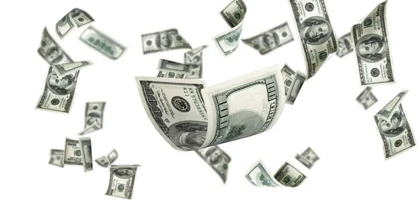 Yüz Dolarlık Banknot Düşen Para Beyaz Arka Planda Izole Edilmiş — Stok fotoğraf