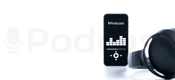 Podcast Icoon Audioapparatuur Met Microfoon Geluidskoptelefoon Podcast Toepassing Mobiele Smartphone — Stockfoto