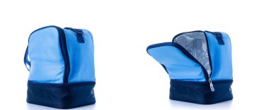 Paket seti. Mavi kamp dondurucusu koleksiyonu, beyaz arka planda izole edilmiş soğuk öğle yemeği için soğutucu kutusu. Ofis, okul, üniversite veya seyahat için teslimat çantası