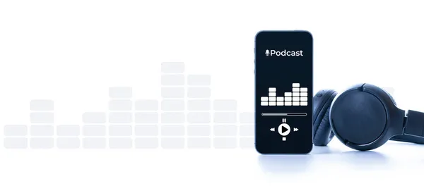 Icono Del Podcast Equipo Audio Con Micrófono Auriculares Sonido Aplicación —  Fotos de Stock