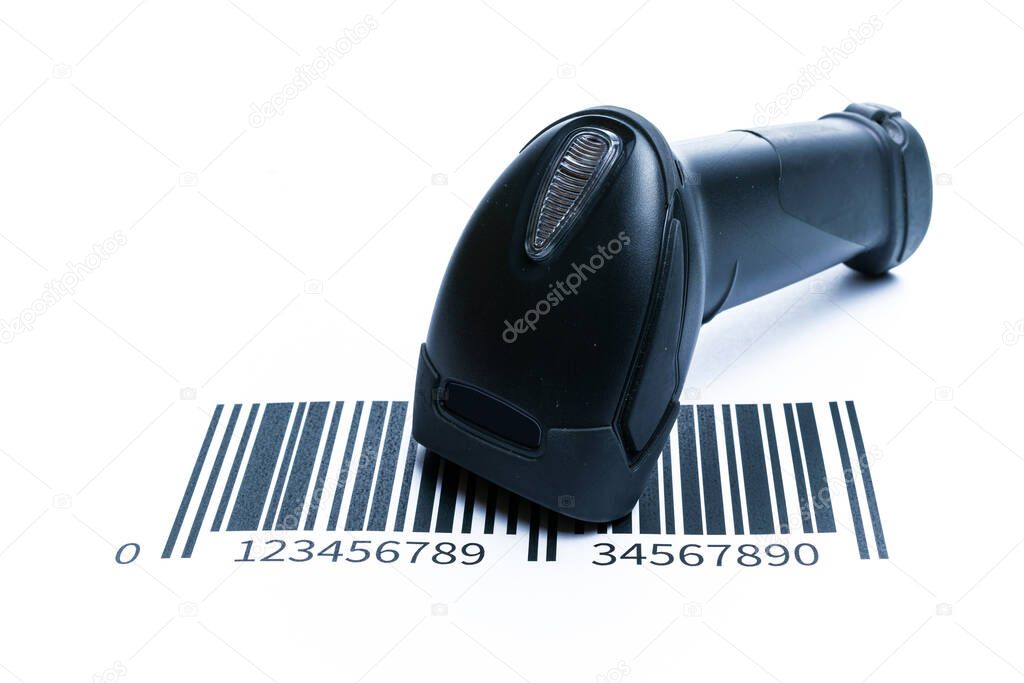 Barcode scanning. Reader laser scanner for warehouse. Retail label barcode scan isolated on white background. Warehouse inventory management