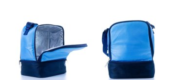 Paket seti. Mavi kamp dondurucusu koleksiyonu, beyaz arka planda izole edilmiş soğuk öğle yemeği için soğutucu kutusu. Ofis, okul, üniversite veya seyahat için teslimat çantası