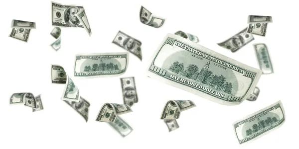 Dollar American Money Falling Cash Flying Hundred Dollars Isolated White — Stock Photo, Image