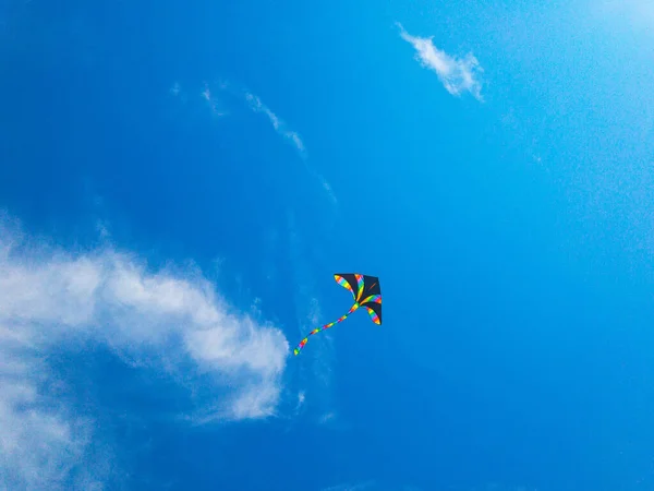 Błękitne Niebo Latawca Kolorowa Latająca Zabawka Latawiec Latający Chmurach Wiatru — Zdjęcie stockowe