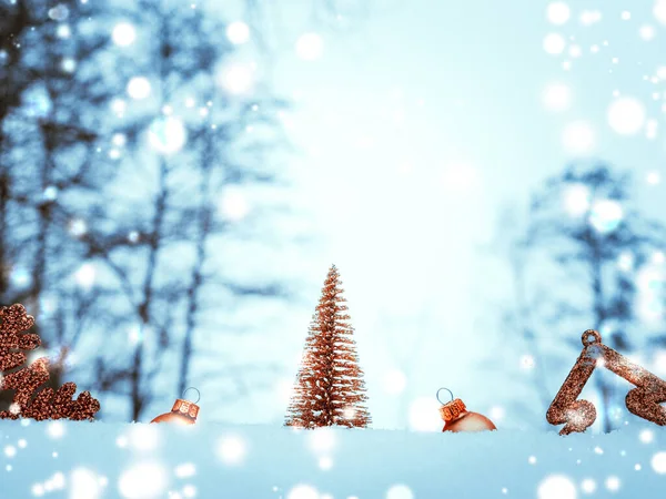 新年の飾り クリスマスの休日の木 白い冬の雪の上の新年の装飾の黄金のボール メリークリスマスカードのパターン — ストック写真