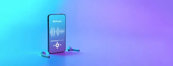 Müzik Afişi Müzik Uygulamalı Cep Telefonu Ekranı Ses Kulaklıkları Neon — Stok fotoğraf