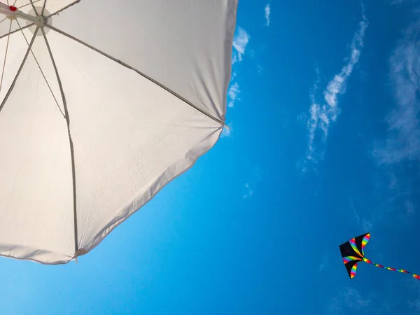 Vlieger Lucht Kleurrijk Vliegend Speelgoed Vlieger Vliegen Blauwe Wind Achtergrond — Stockfoto