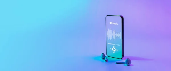 Musikbanner Mobiler Smartphone Bildschirm Mit Musikapplikation Ton Kopfhörer Audio Stimme — Stockfoto