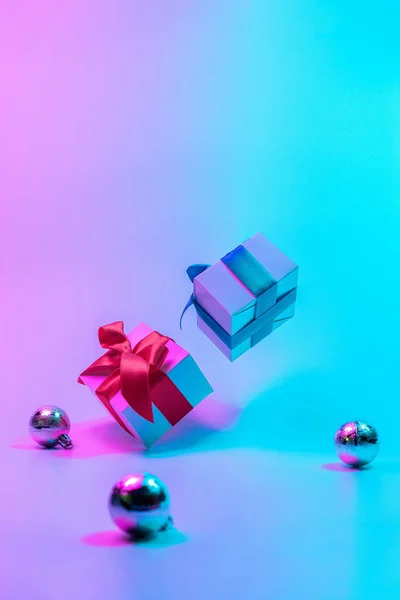 Neon Christmas Winter Background Xmas Gift Box Shine Lights Holiday — Stock Photo, Image