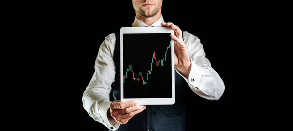 Aandelen Financieel Zakenman Holding Finance Applicatie Voor Sell Buy Analyse — Stockfoto