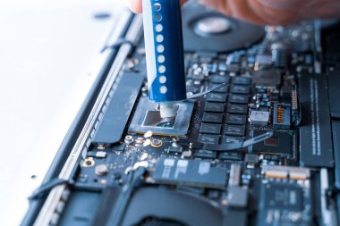 Bilgisayar bakımı. Donanım geçmişinde dizüstü bilgisayarı olan bilgisayar teknisyeni tamir servisi. Bakım mühendisi desteği. Elektronik teknoloji geliştirme kavramı
