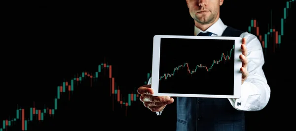 Aandelen Financieel Zakenman Holding Finance Applicatie Voor Sell Buy Analyse — Stockfoto