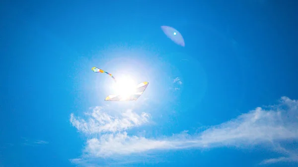 Kite Blue Sky Colorful High Flying Toy Air Kite Fly — Stock Photo, Image